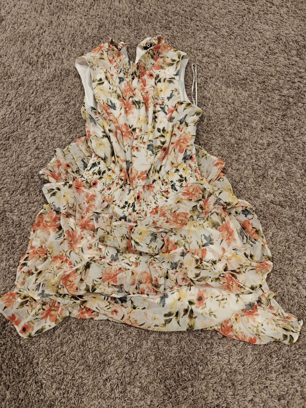 STATE Peach & Cream Floral Ruffle Midi Dress